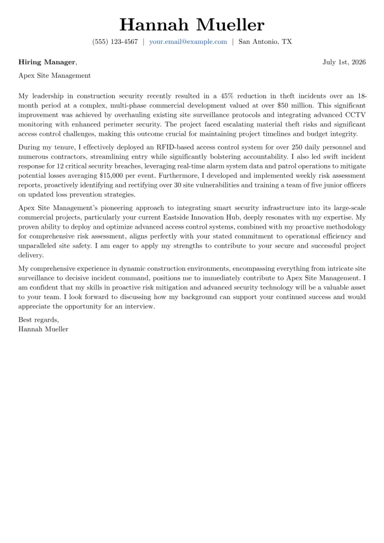Construction Security Officer cover letter example preview