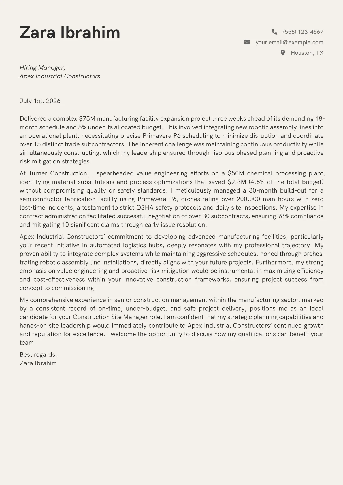 Construction Site Manager cover letter formatted with a JobSprout template