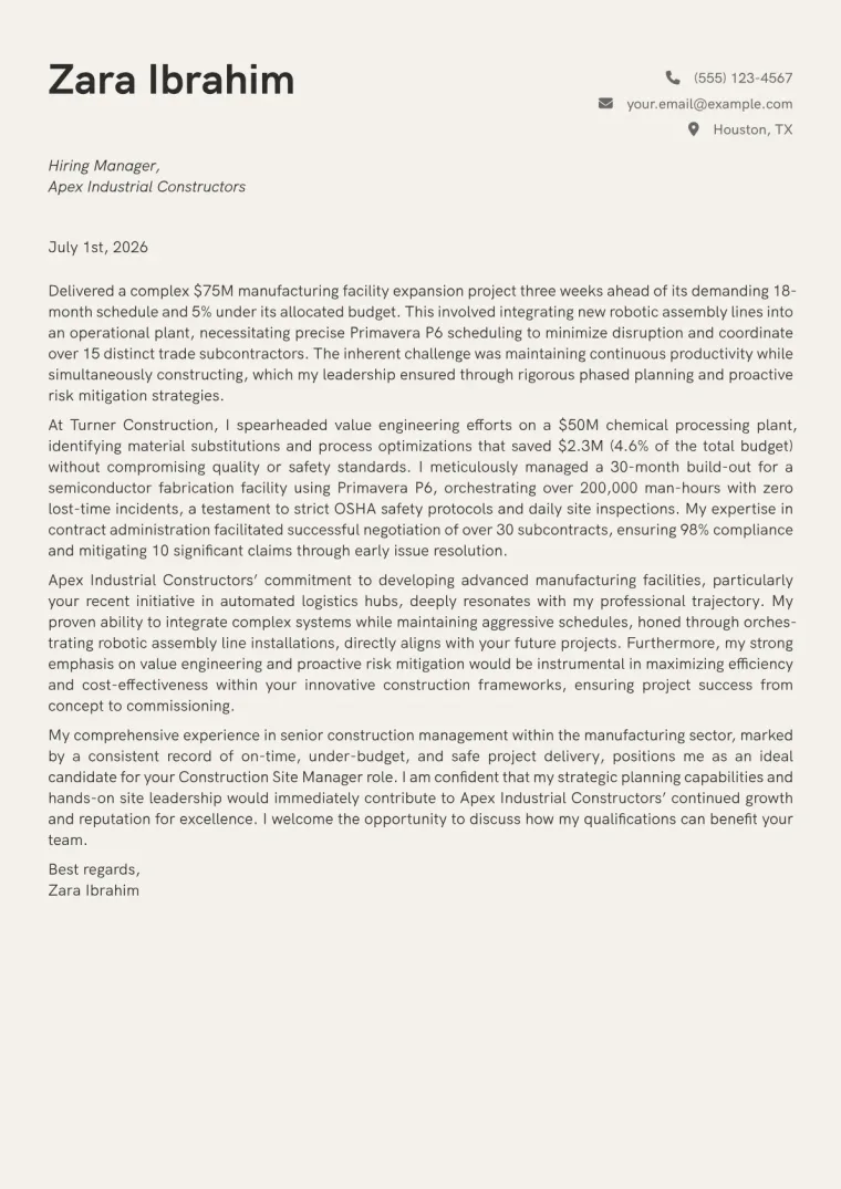 Construction Site Manager cover letter example preview