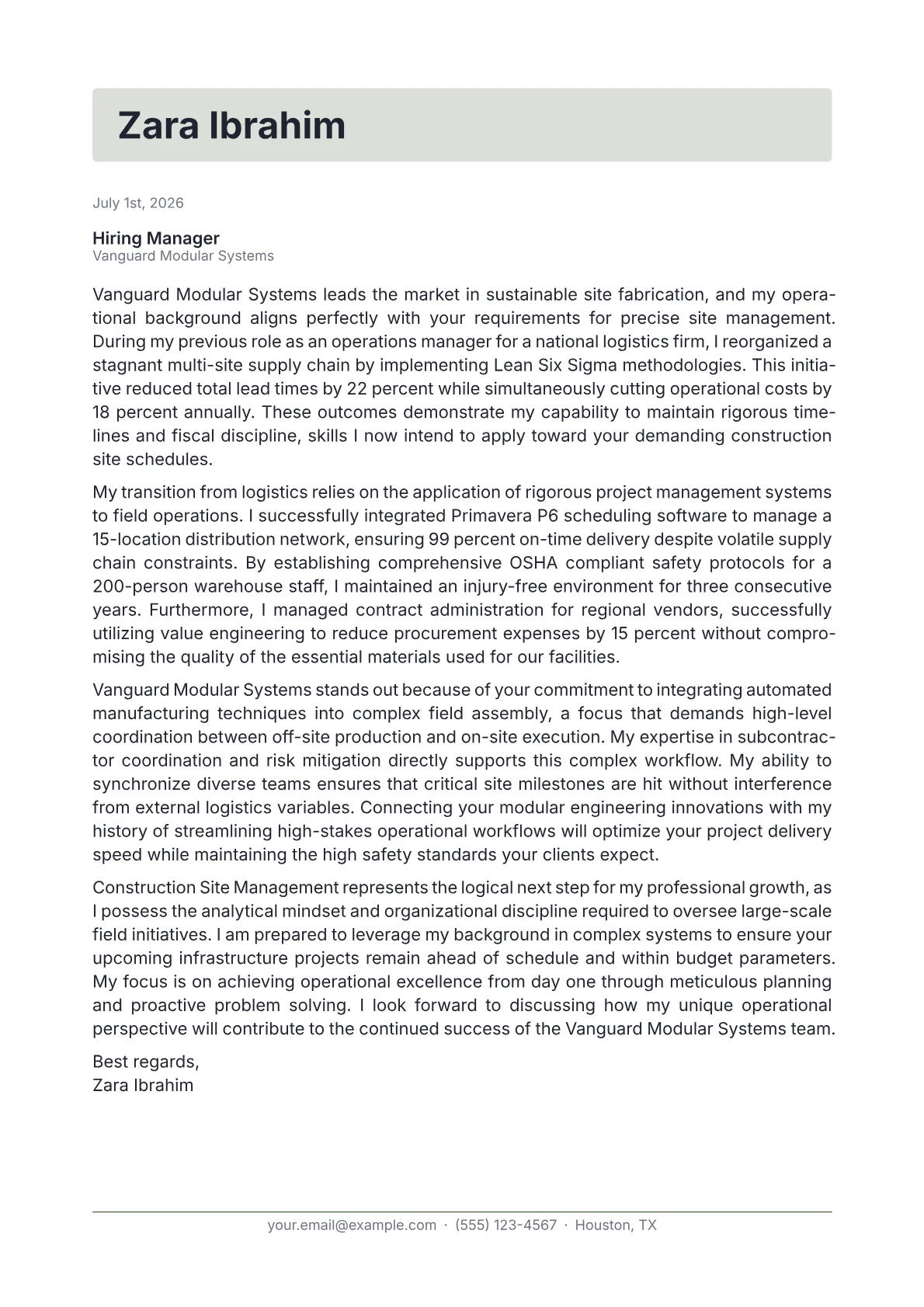 Construction Site Manager cover letter in the Letterhead design
