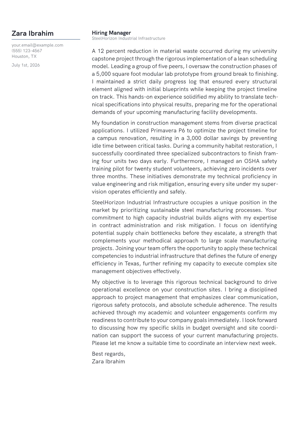 Construction Site Manager cover letter in the Margin design