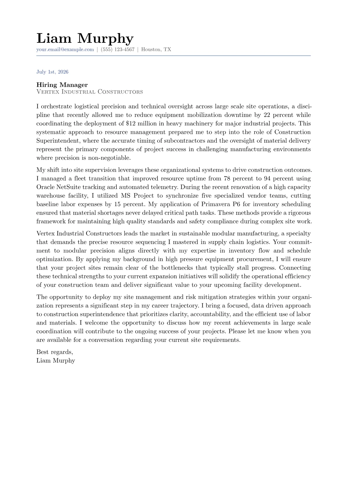 Construction Superintendent cover letter in the Classic design
