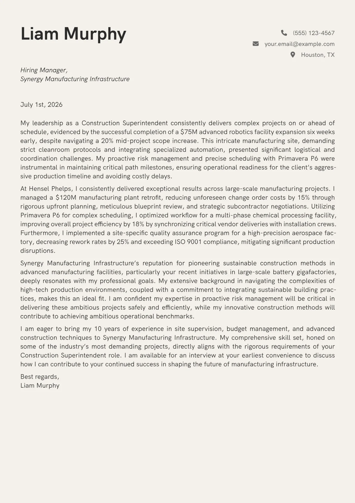 Construction Superintendent cover letter formatted with a JobSprout template