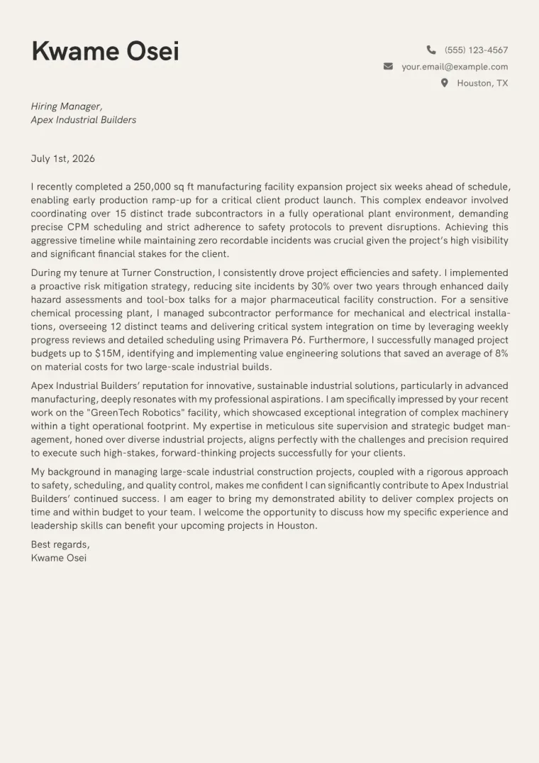Construction Supervisor Cover Letter Example