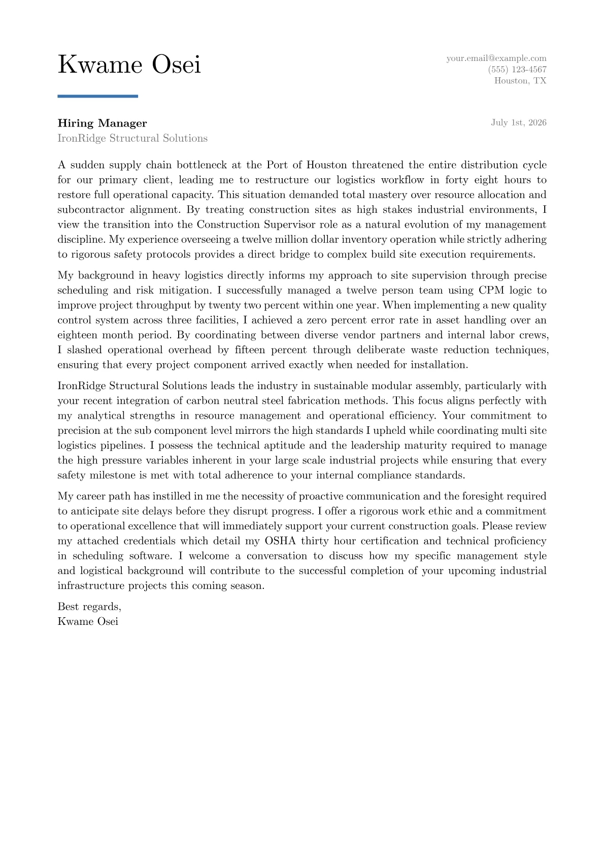 Construction Supervisor cover letter in the Executive design