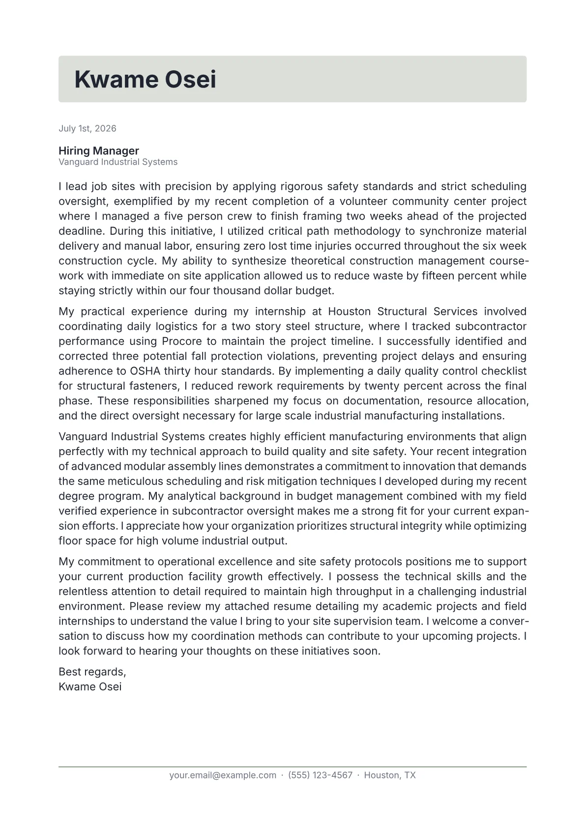 Construction Supervisor cover letter in the Letterhead design