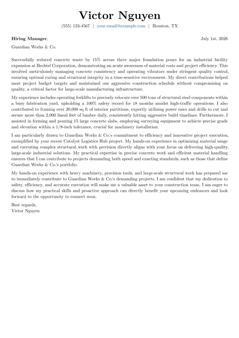 Construction Worker Cover Letter Example