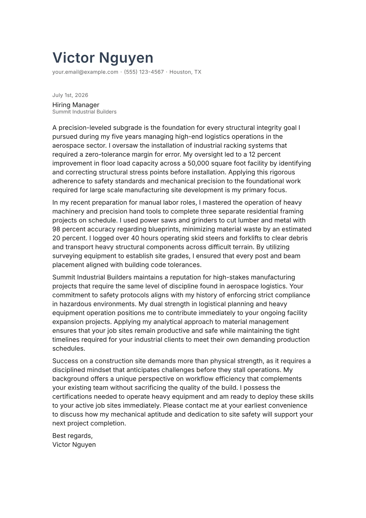 Construction Worker cover letter in the Minimal design