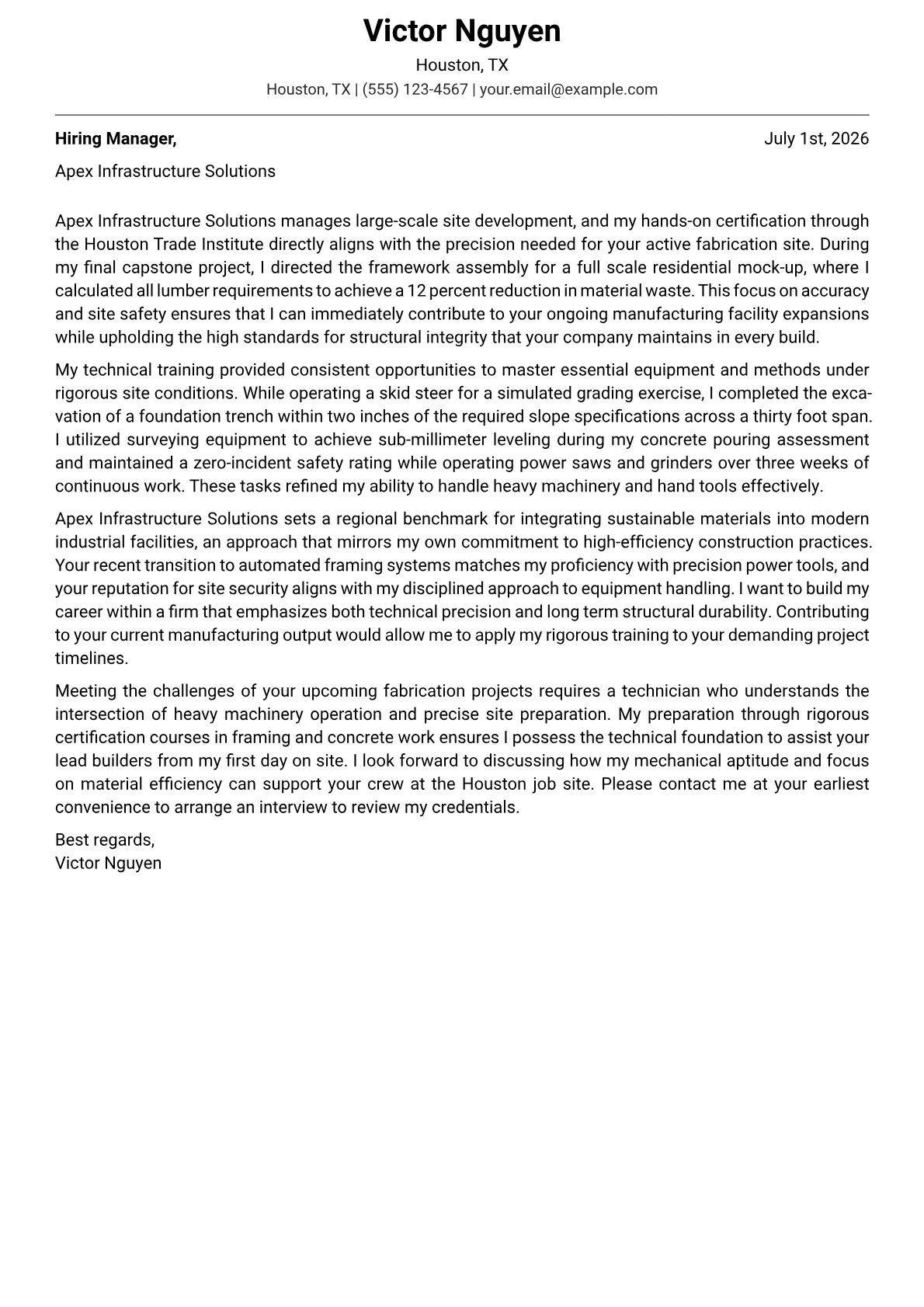 Construction Worker cover letter in the Modern design