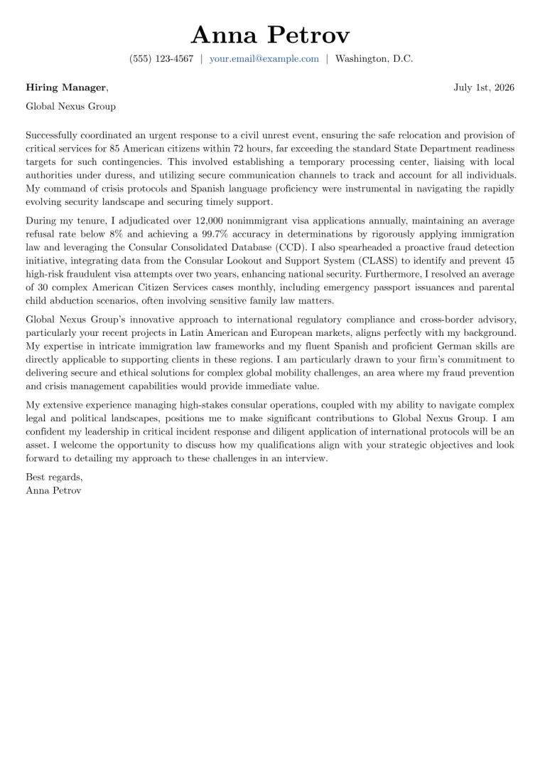 Consular Officer cover letter example preview