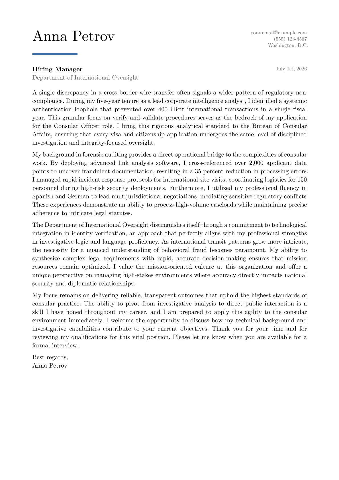 Consular Officer cover letter in the Executive design