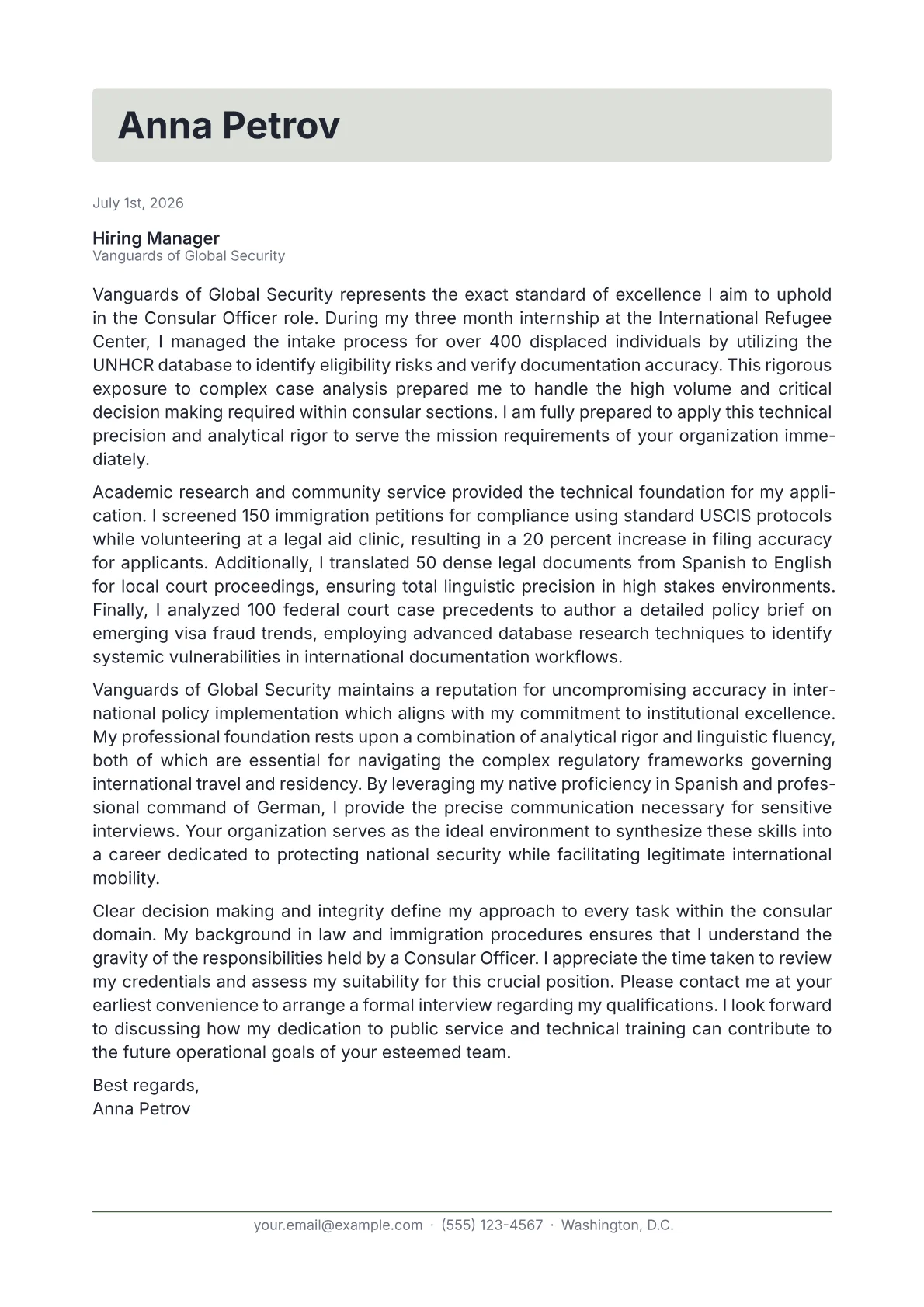 Consular Officer cover letter in the Letterhead design