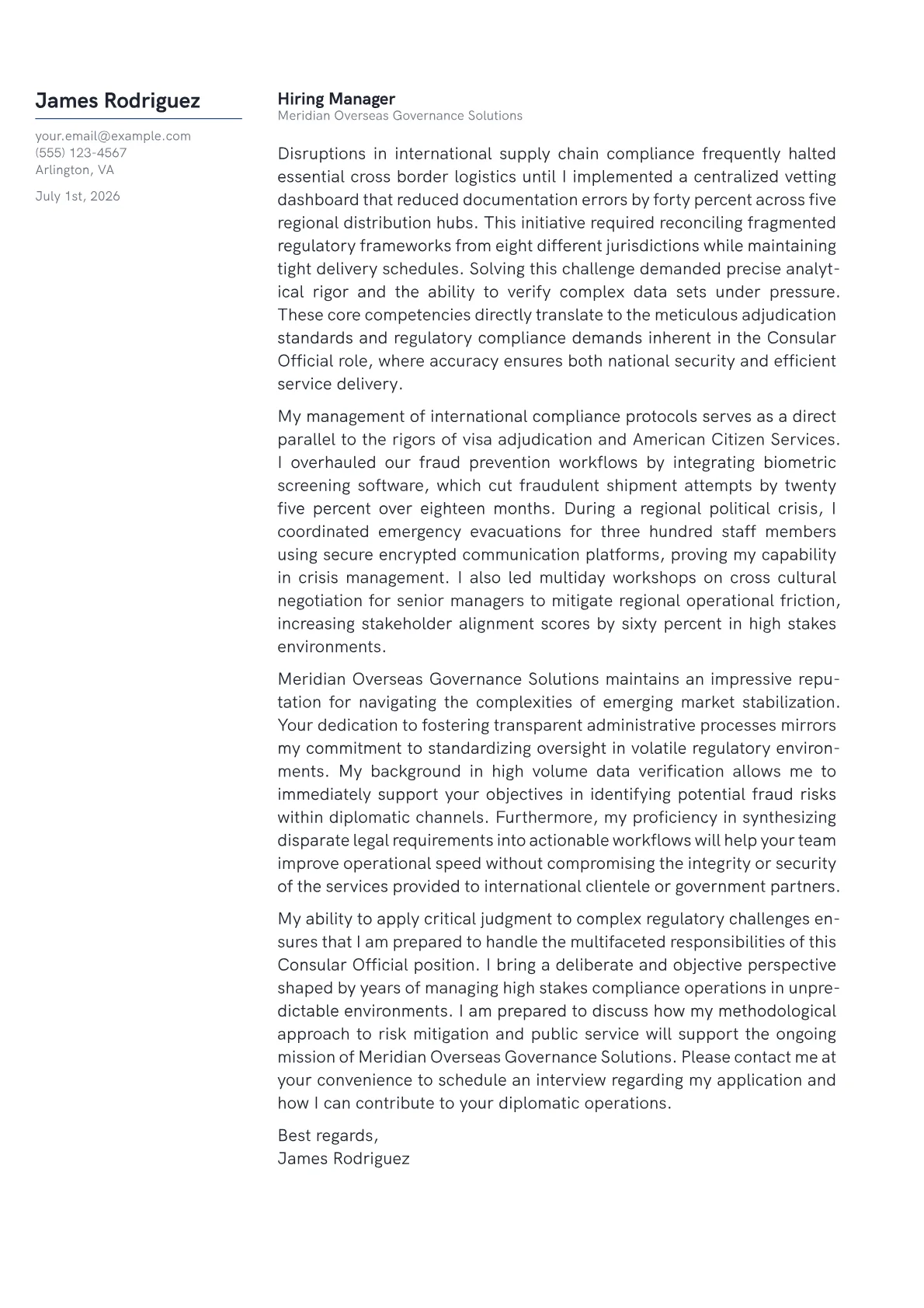 Consular Official cover letter in the Margin design