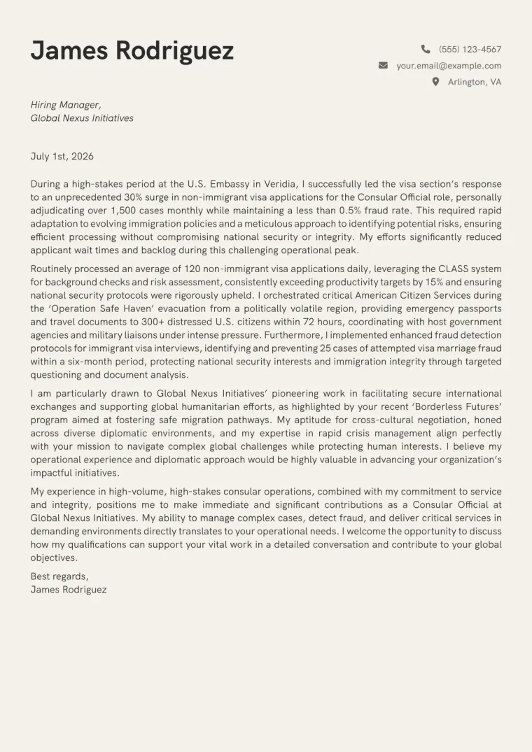 Consular Official cover letter example
