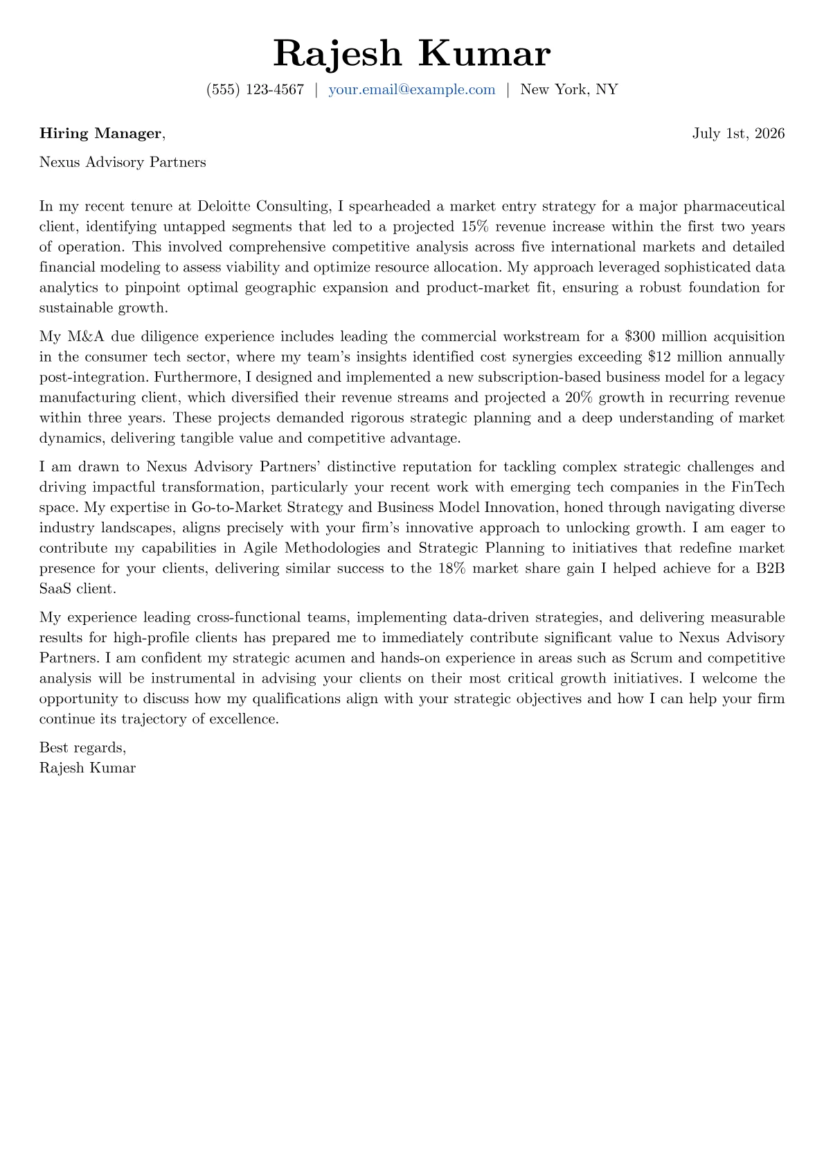 Consulting cover letter formatted with a JobSprout template