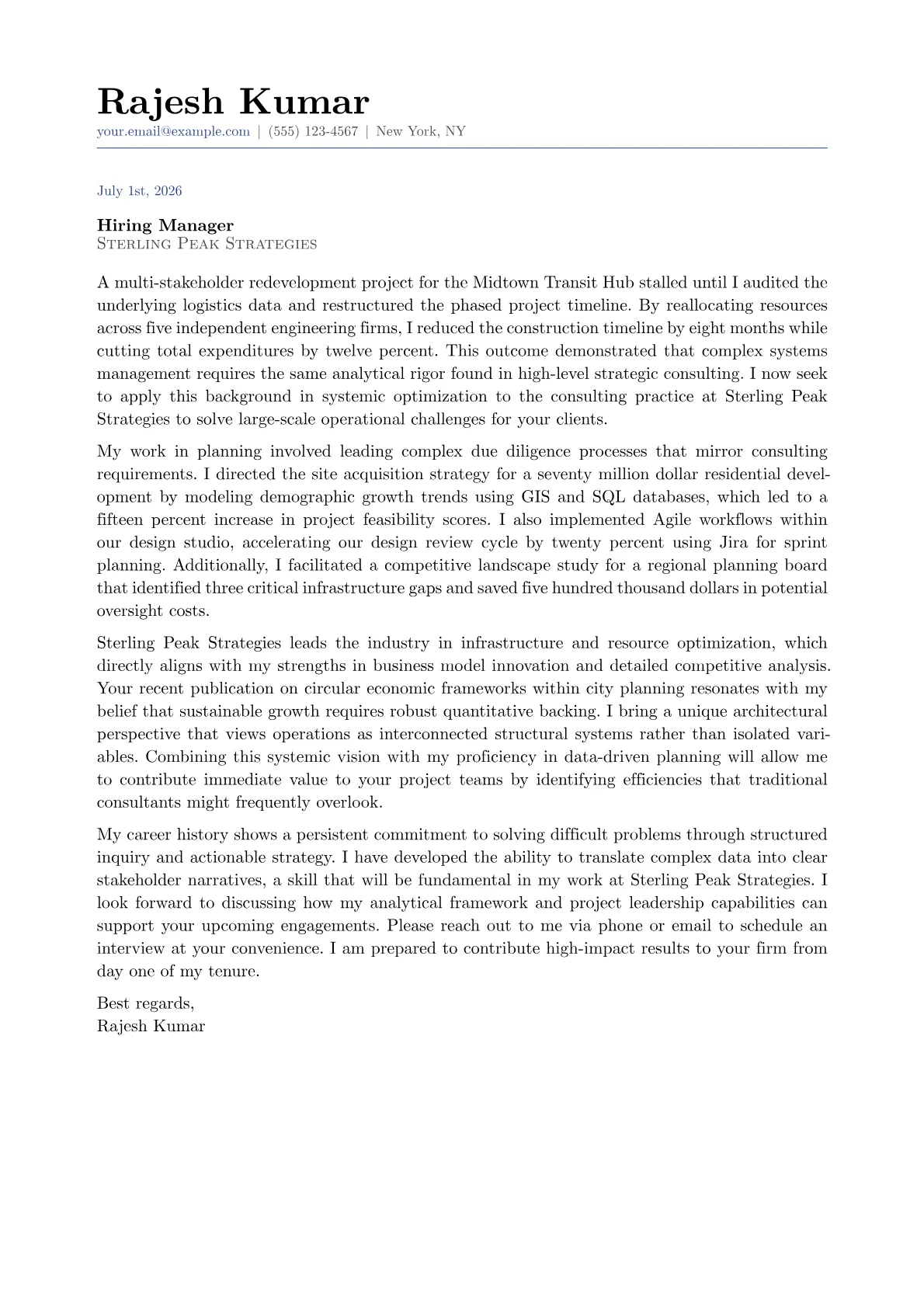 Consulting cover letter in the Classic design
