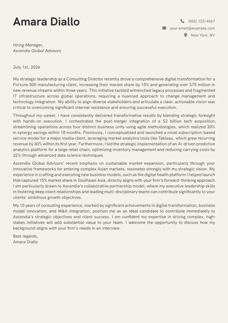 Consulting Director cover letter example