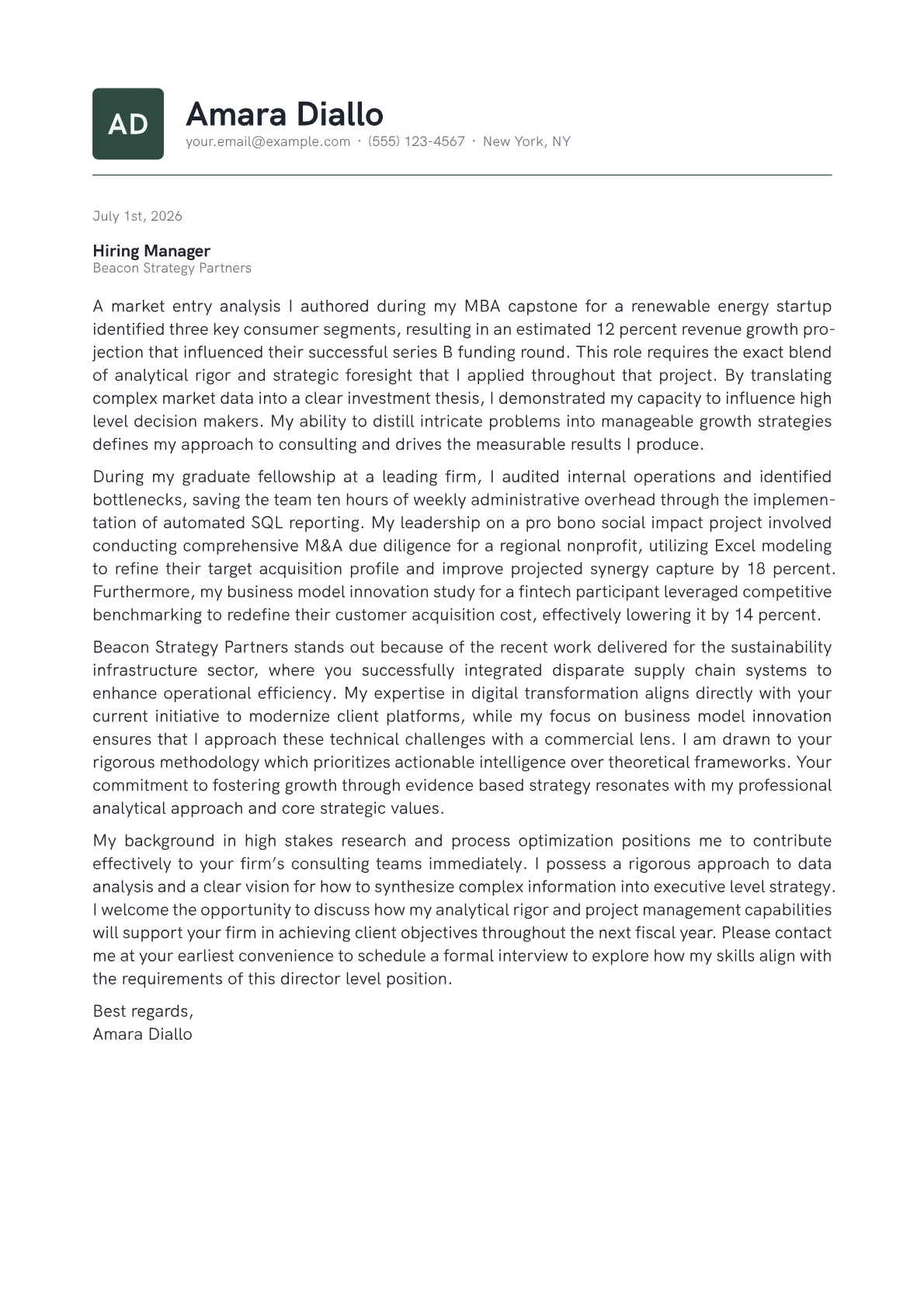 Consulting Director cover letter in the Emblem design