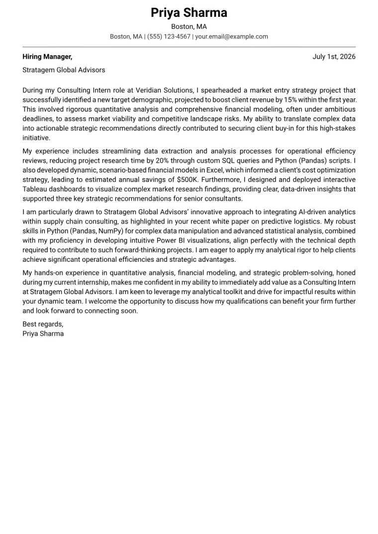 Consulting Intern cover letter example preview