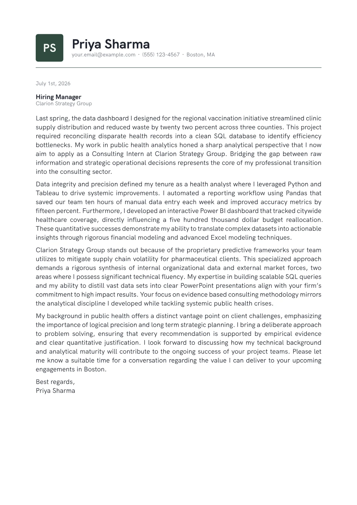 Consulting Intern cover letter in the Emblem design