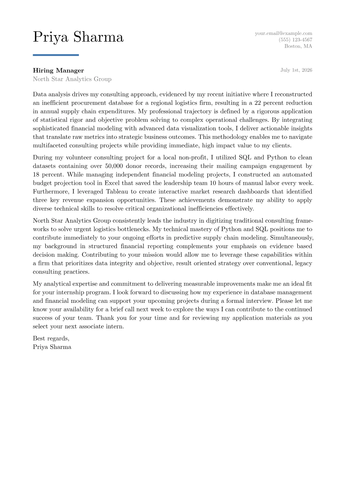 Consulting Intern cover letter in the Executive design