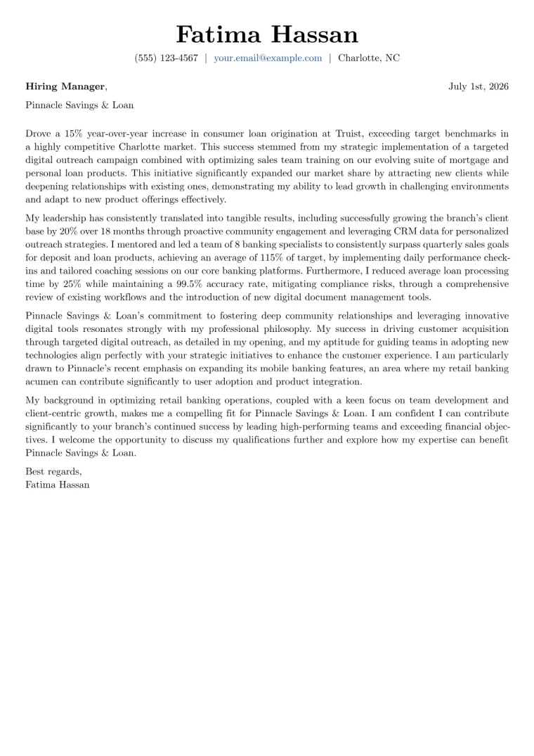 Consumer Banking Manager cover letter example preview