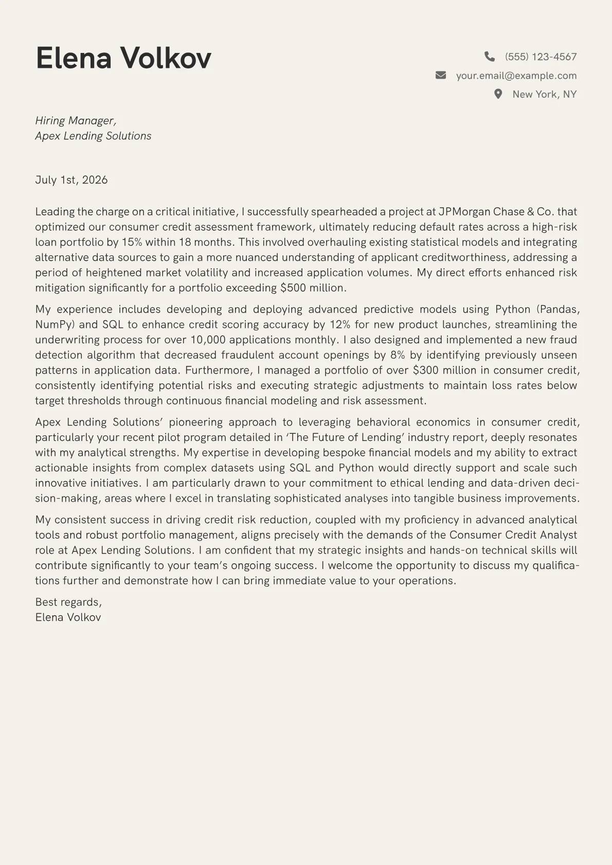 Consumer Credit Analyst cover letter formatted with a JobSprout template