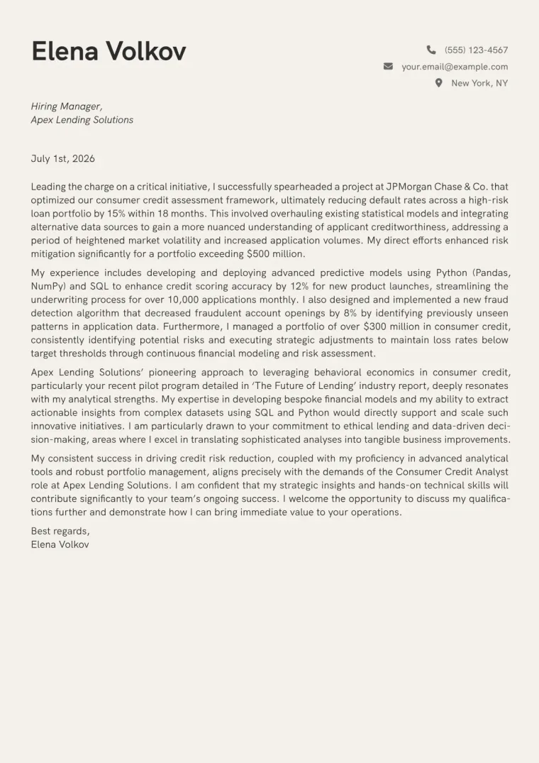 Consumer Credit Analyst cover letter example preview