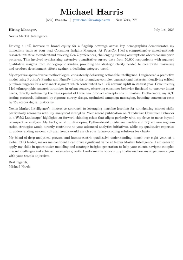 Consumer Insights Manager cover letter example preview