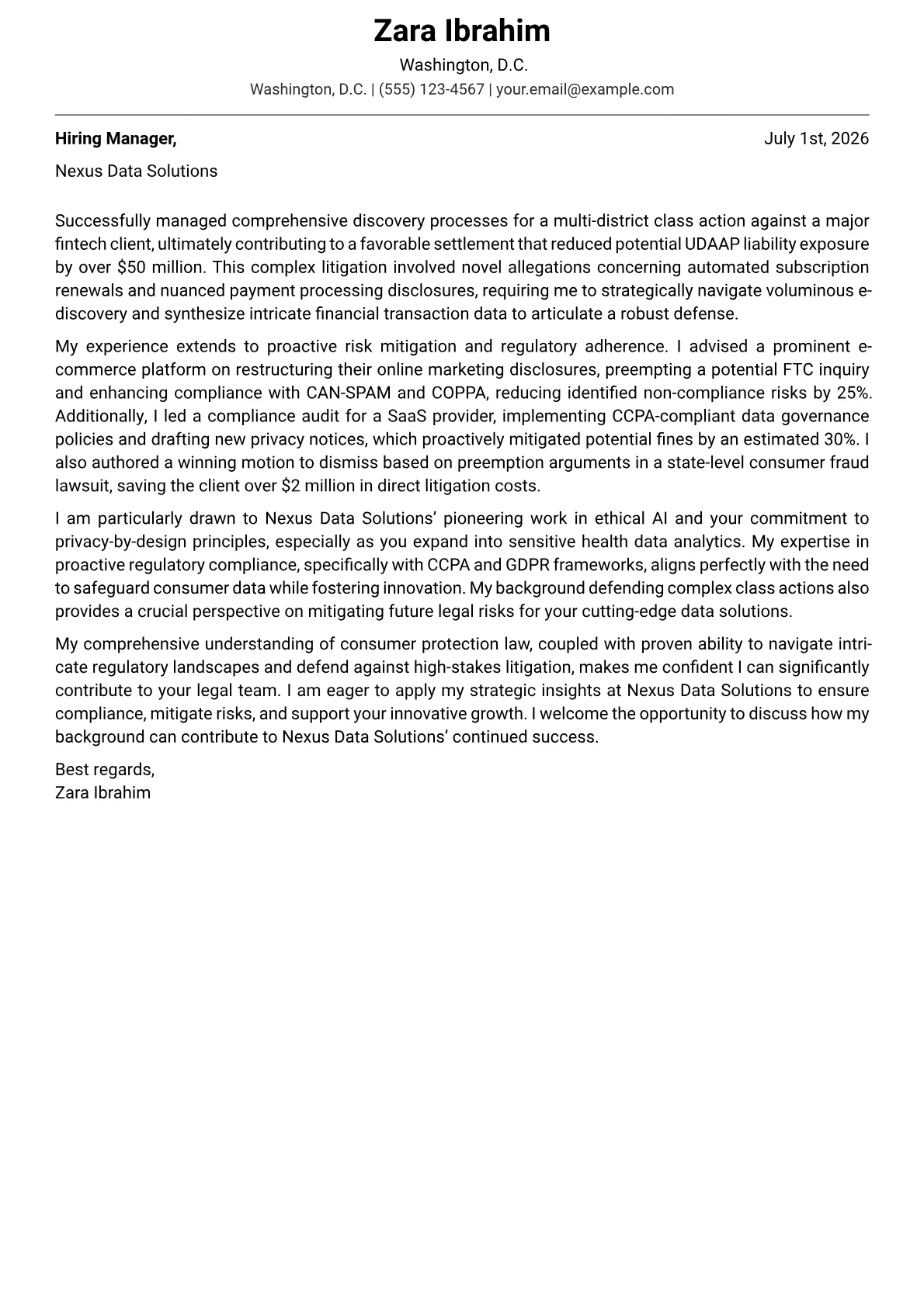 Consumer Protection Attorney cover letter formatted with a JobSprout template