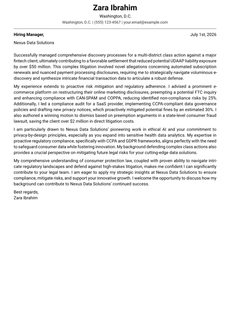 Consumer Protection Attorney cover letter example preview