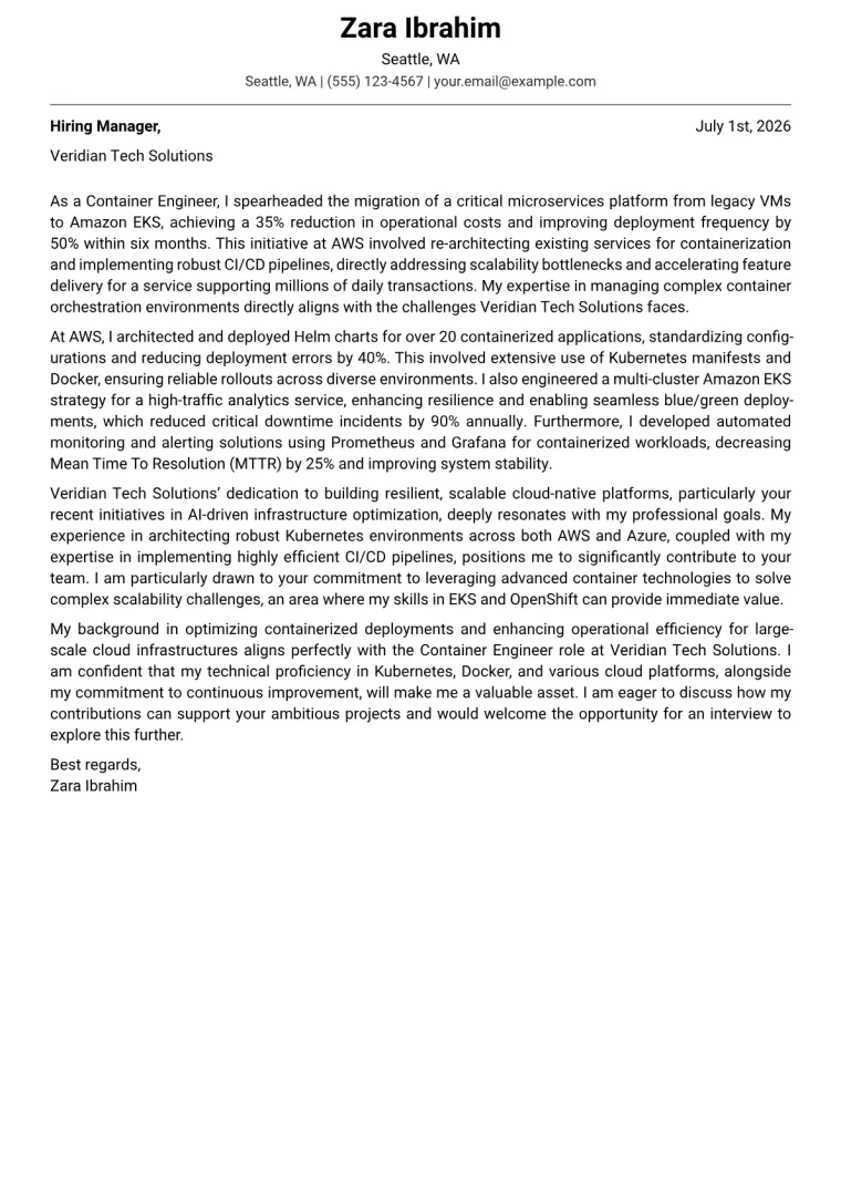Container Engineer Cover Letter Example