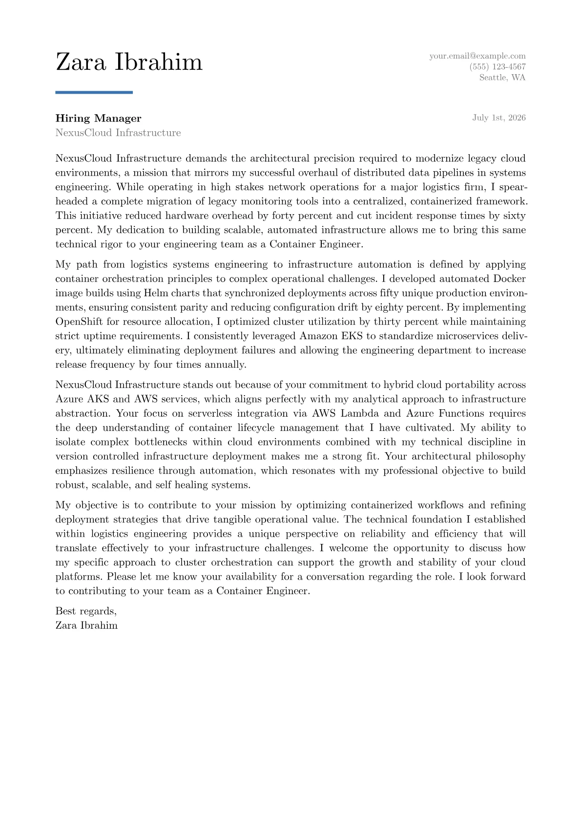 Container Engineer cover letter in the Executive design