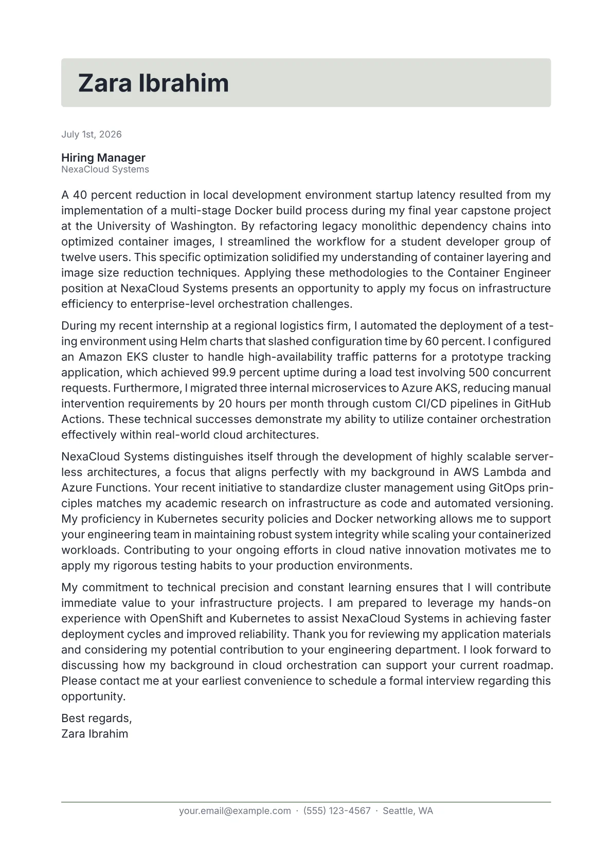 Container Engineer cover letter in the Letterhead design