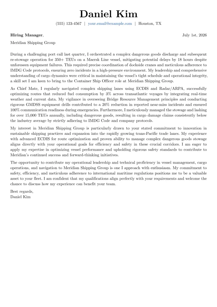 Container Ship Officer cover letter example preview
