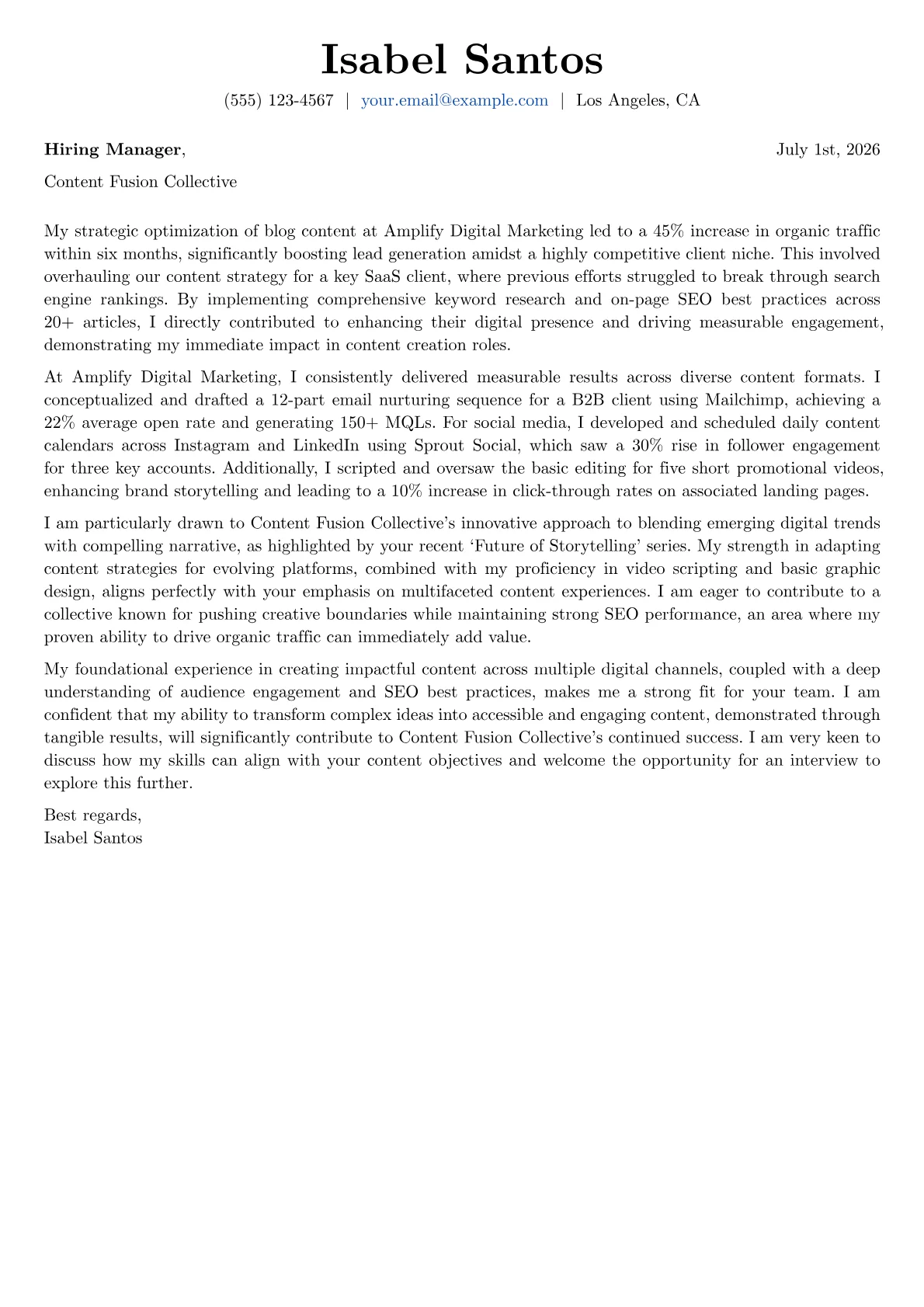 Content Creator cover letter formatted with a JobSprout template