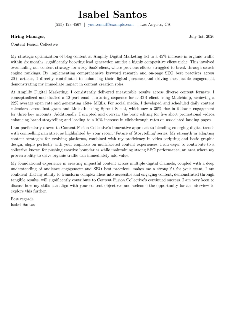Content Creator Cover Letter Example