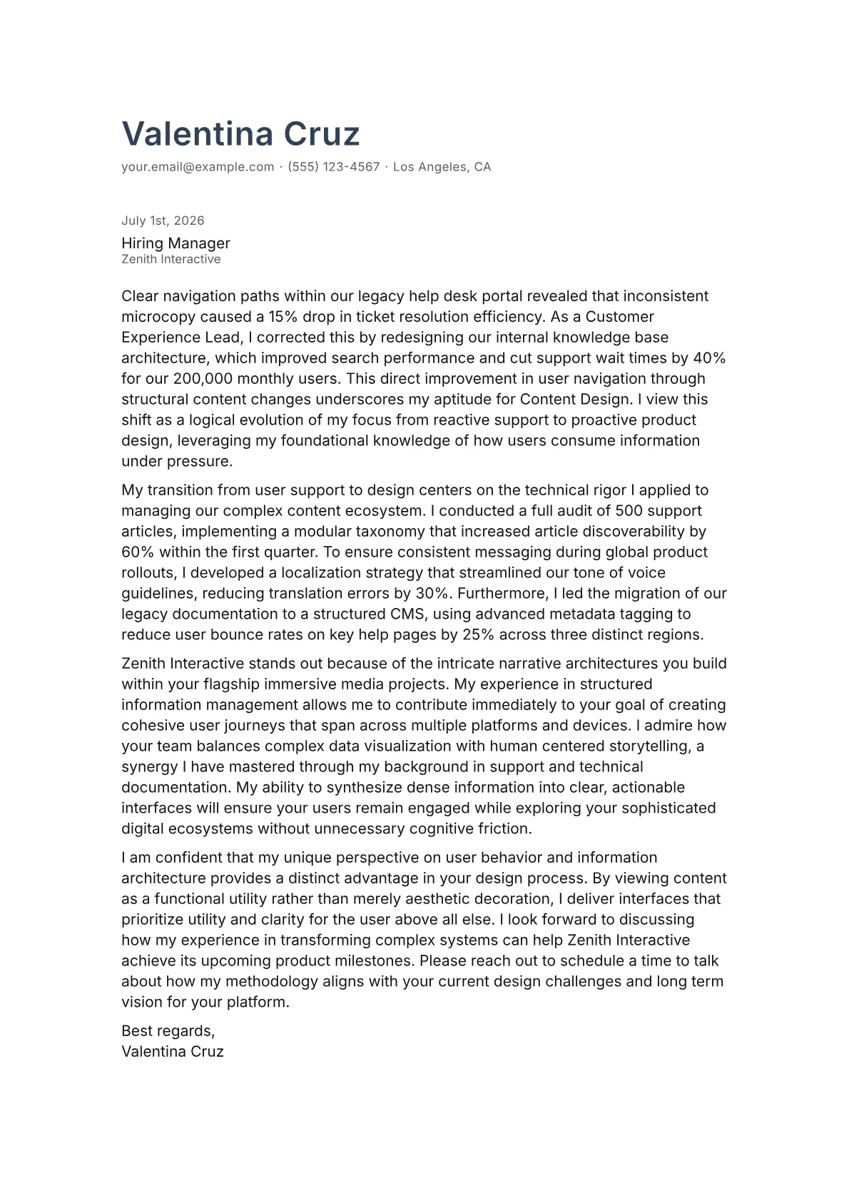 Content Designer cover letter in the Minimal design