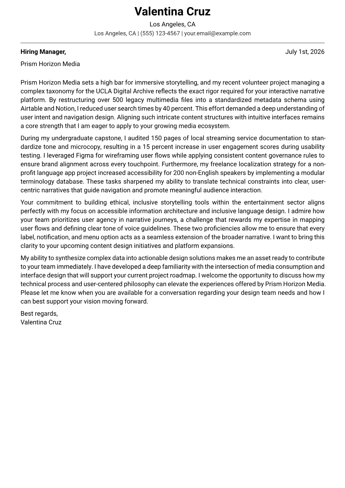 Content Designer cover letter in the Modern design