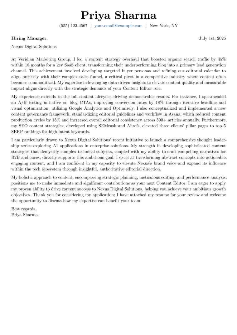 Content Editor cover letter example preview
