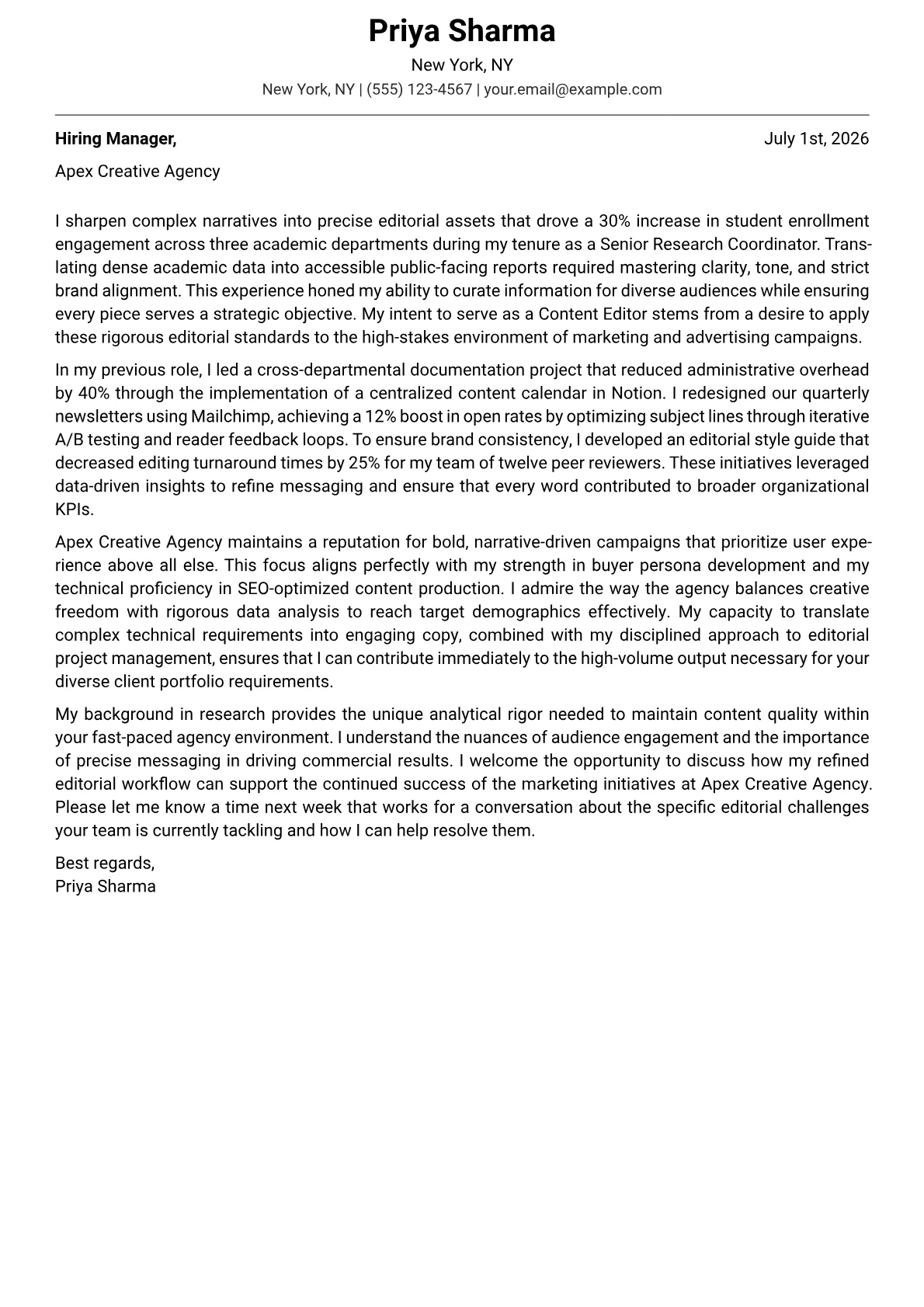 Content Editor cover letter in the Modern design