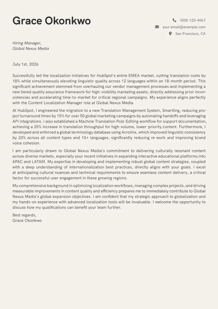 Content Localization Manager cover letter example preview
