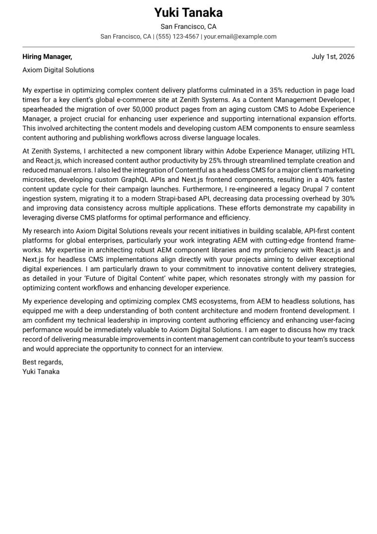 Content Management Developer cover letter example preview