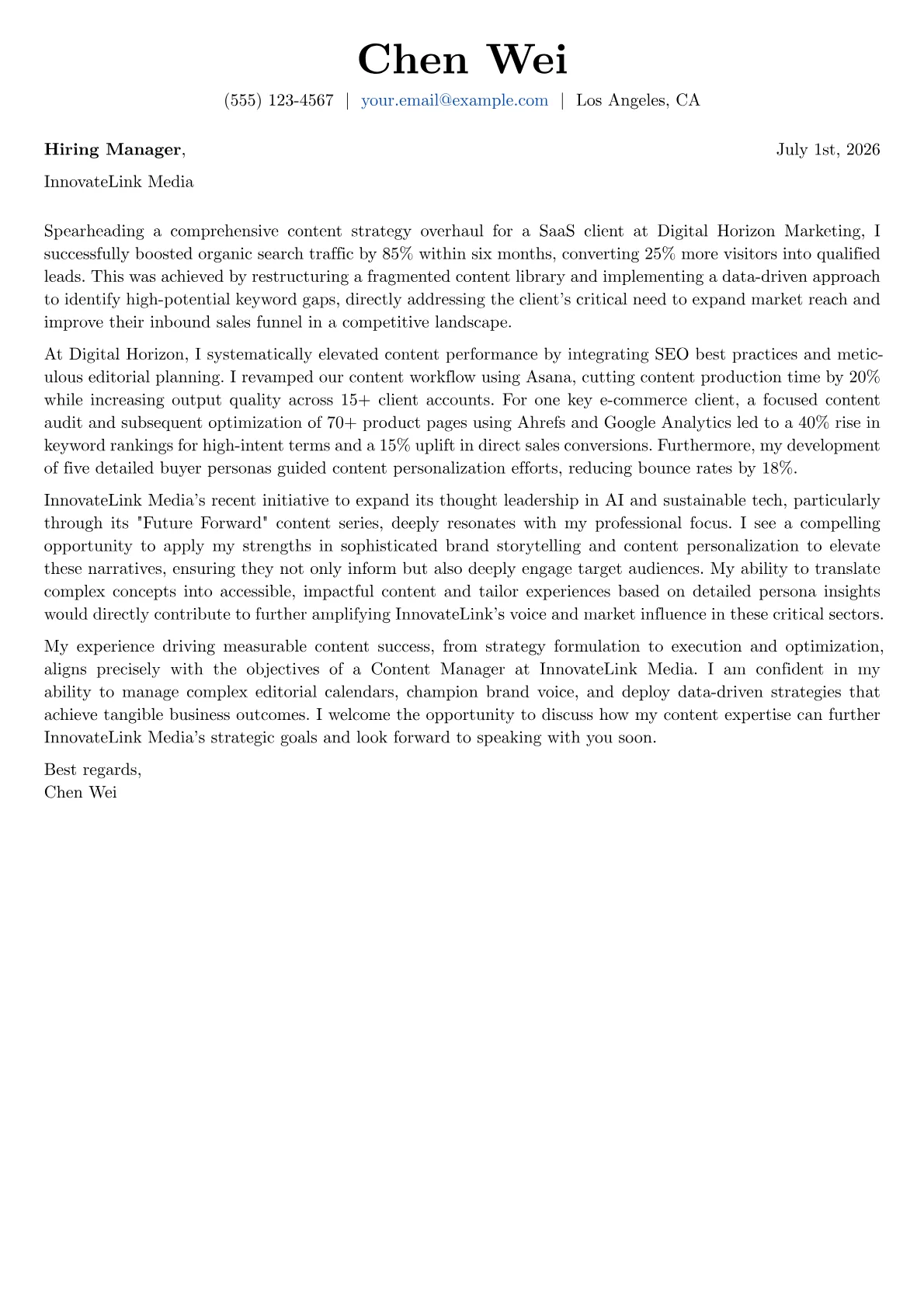 Content Manager cover letter formatted with a JobSprout template