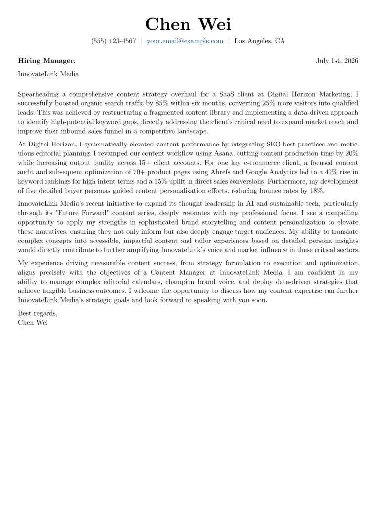 Content Manager Cover Letter Example
