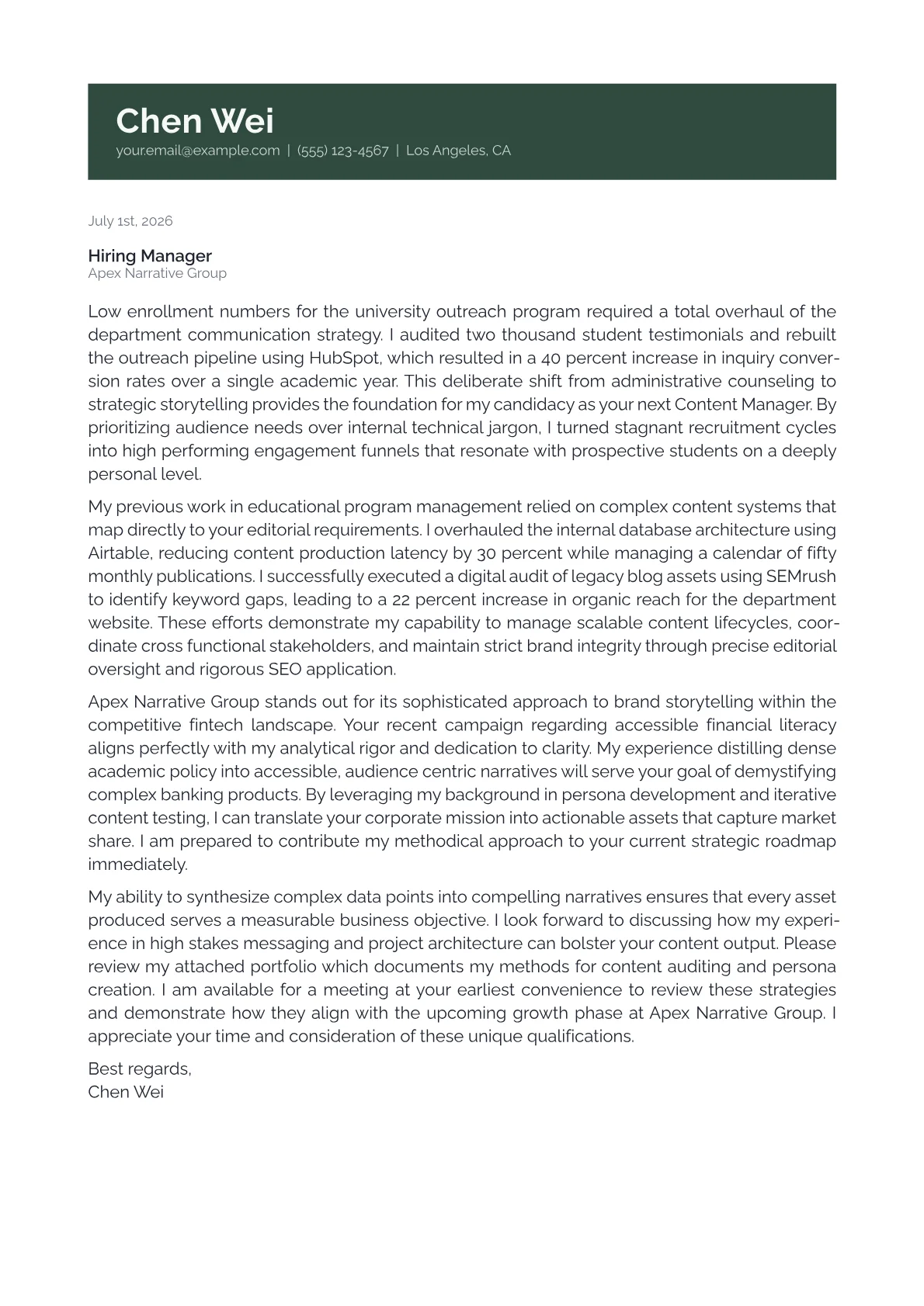 Content Manager cover letter in the Banner design