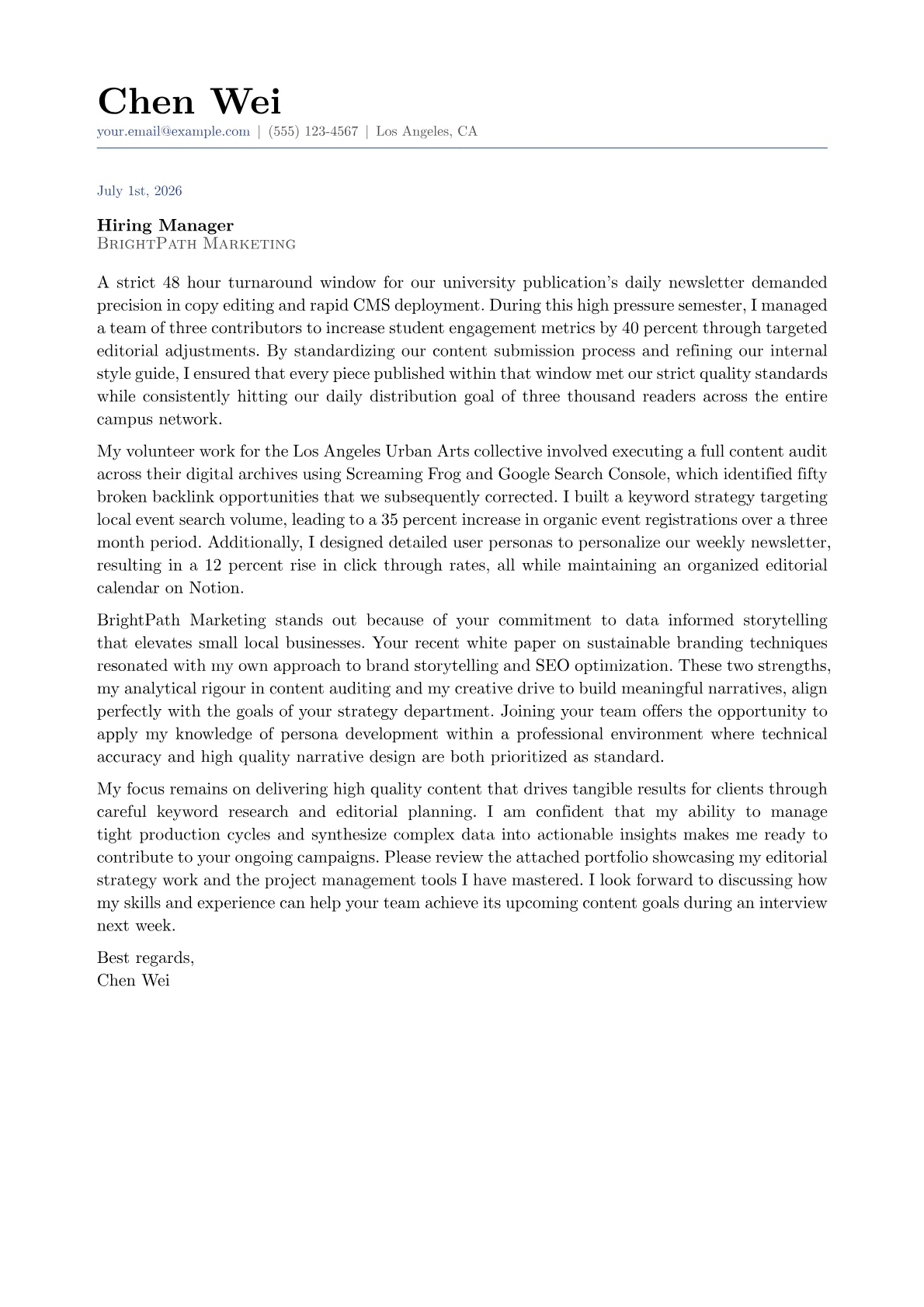 Content Manager cover letter in the Classic design