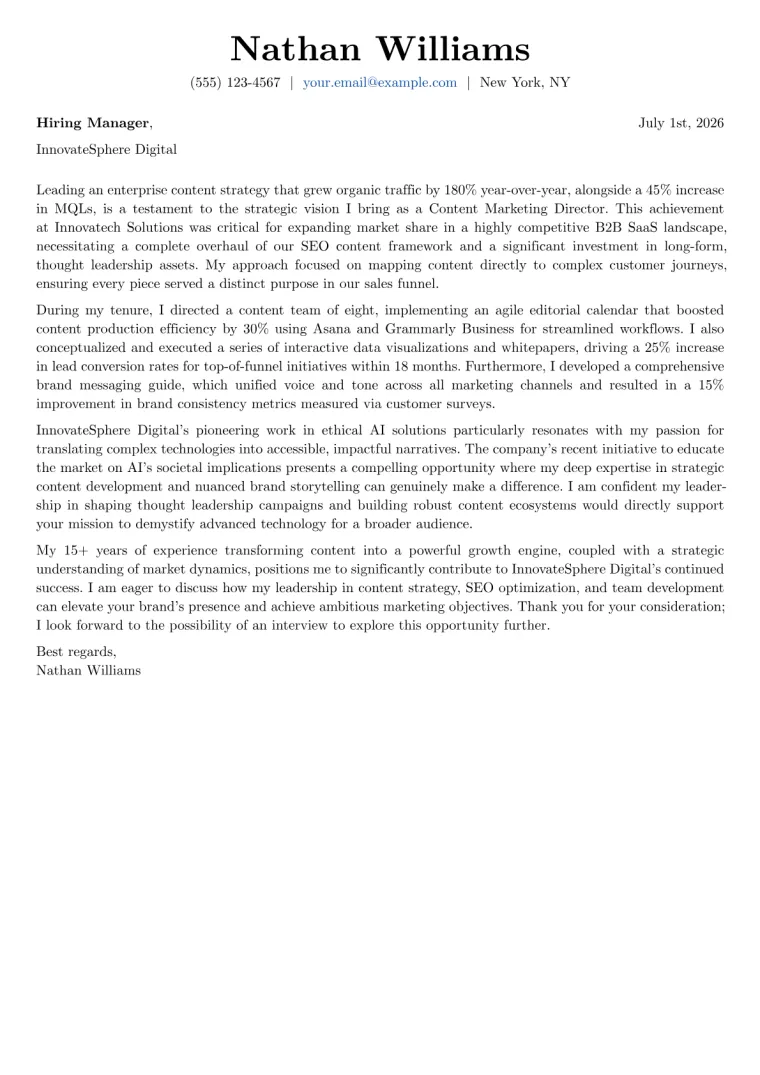 Content Marketing Director cover letter example preview