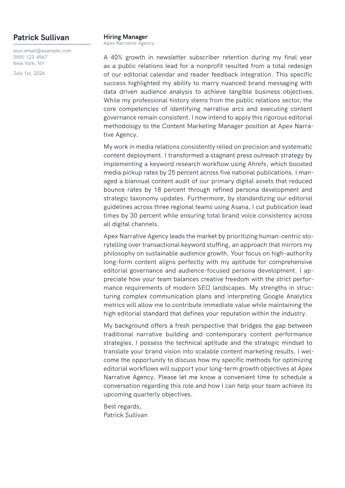 Content Marketing Manager cover letter in the Margin design