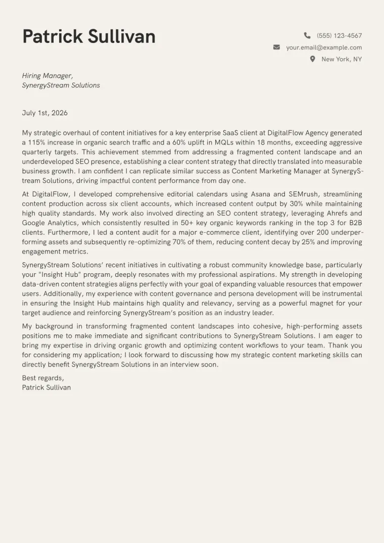 Content Marketing Manager cover letter example preview